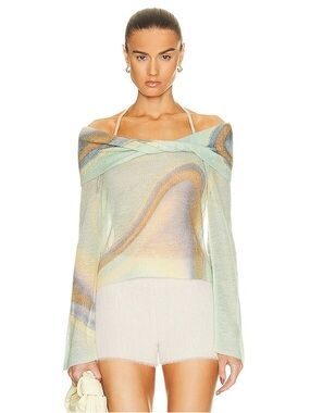 Jonathan Simkhai Pastel Swirl Off-Shoulder Sweater - Mint, Yellow, Blue, Tan
